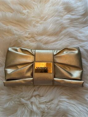 Versace Parfums Metallic Gold Pleated Bow Clutch with Gold Plate